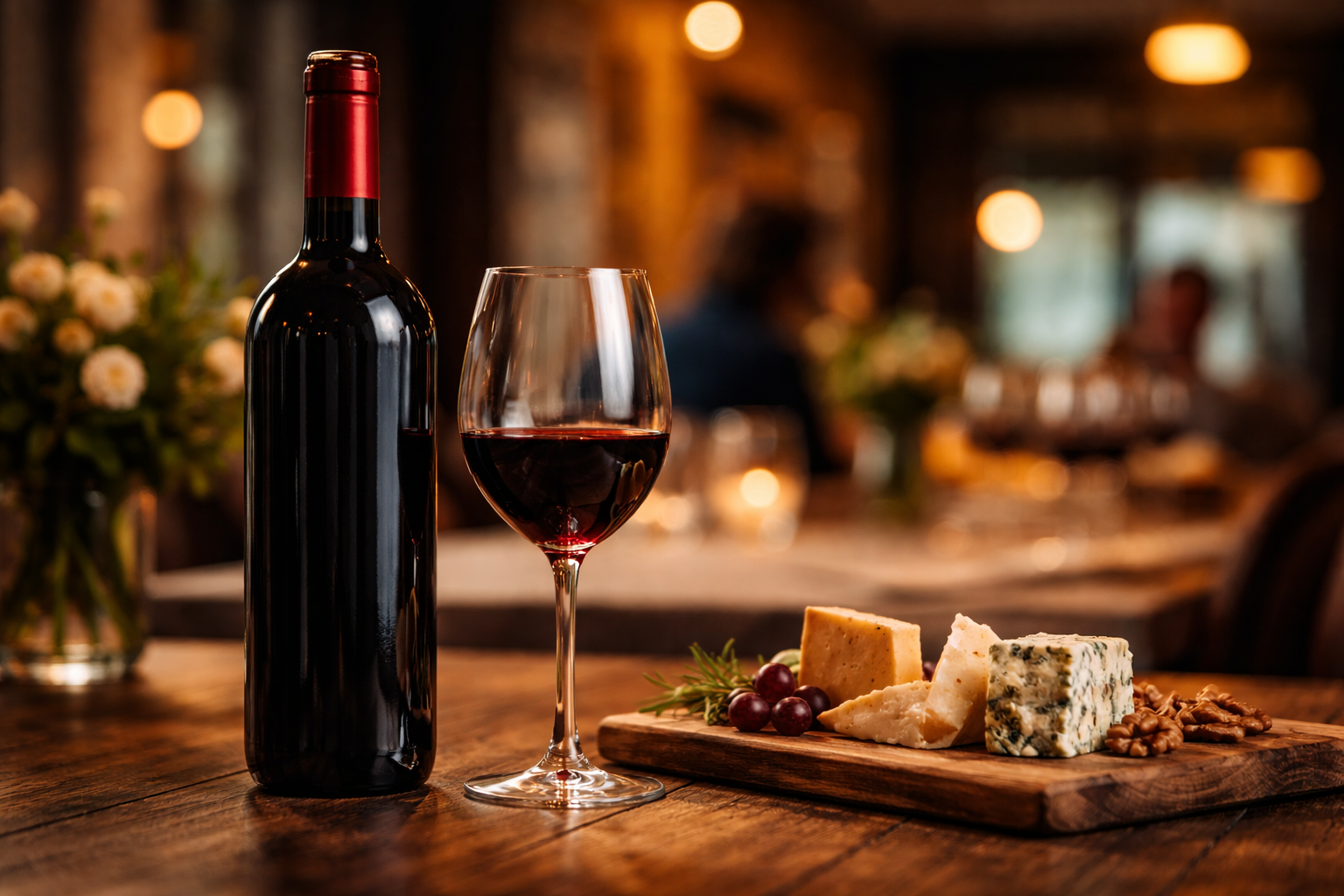 Garrafa de vinho tinto sem rótulo ao lado de taça de queijos sobre mesa de madeira em Vitória. Foto: gerada por IA.