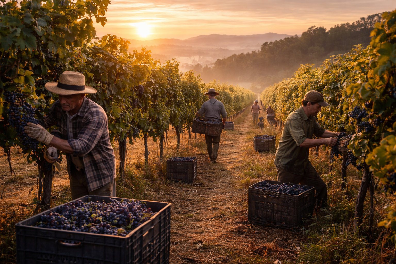Imagem mostra homens trabalhando na colheita de vinhos. Foto gerada por IA