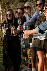 Grupo de visitantes brinda durante experiência de enoturismo na Vinhos Larentis. Foto: Divulgação