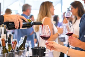 Vinho tinto é servido em taça durante uma degustação em ambiente claro, com participantes ao fundo.