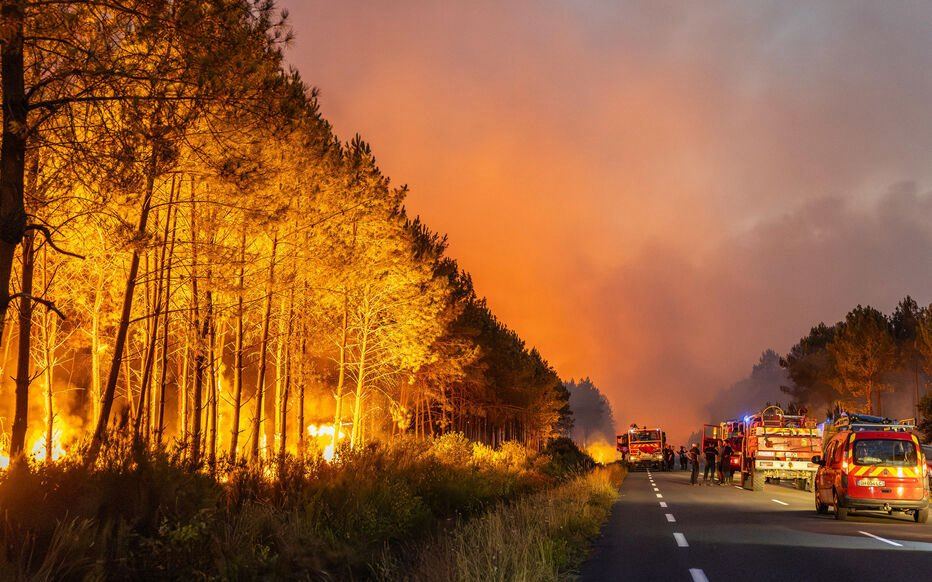 Incêndio avança próximo a um vinhedo na região de Bordeaux, enquanto a fumaça preocupa produtores de vinho.