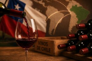 Vinho chileno diante de mapa com destaque para o Brasil
