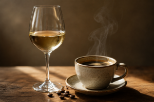 Taça de vinho branco e xícara de café sobre mesa de madeira
