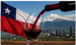 Vinho chileno sendo servido com bandeira do Chile ao fundo