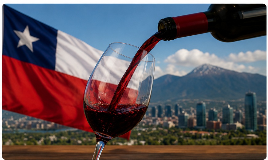 Vinho chileno sendo servido com bandeira do Chile ao fundo